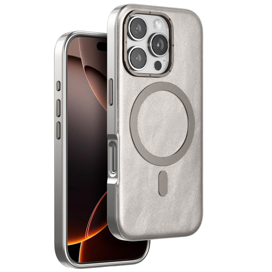 iPhone 16 Pro Classic Business Series Leather Case with Metal Magsafe Ring - Titanium Gray