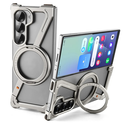 Samsung Galaxy Z Fold 7 Framless Z Shape Metal Bumper with Magsafe & 360° Rotation Ring - Titanium