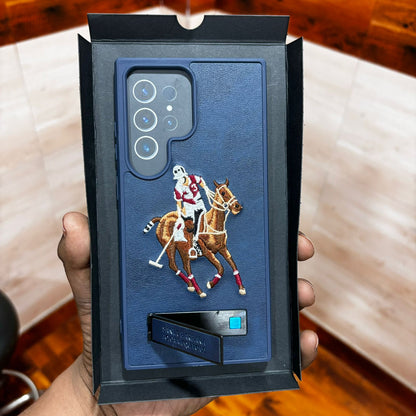 Samsung Galaxy S22 Ultra Polo Embroidery Leather Case with Metal Kickstand - Blue