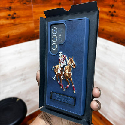 Samsung Galaxy S22 Ultra Polo Embroidery Leather Case with Metal Kickstand - Blue