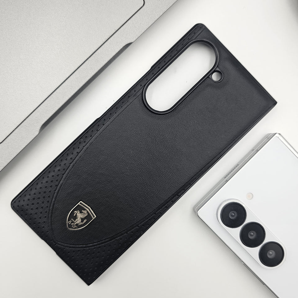 Samsung Galaxy Z Fold 6 Sport Car Logo Design Leather Case - Black