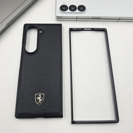 Samsung Galaxy Z Fold 6 Sport Car Logo Design Leather Case - Black