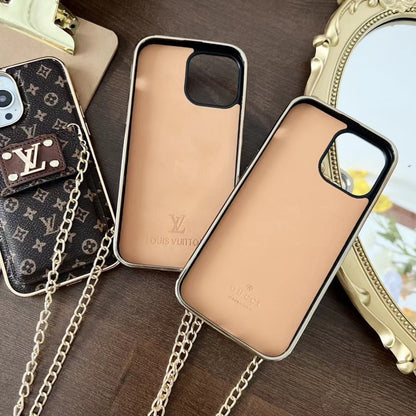 iPhone 16 Pro Louis Vuitton LV Leather Case with Gold Plated Chain & Pocket - Brown