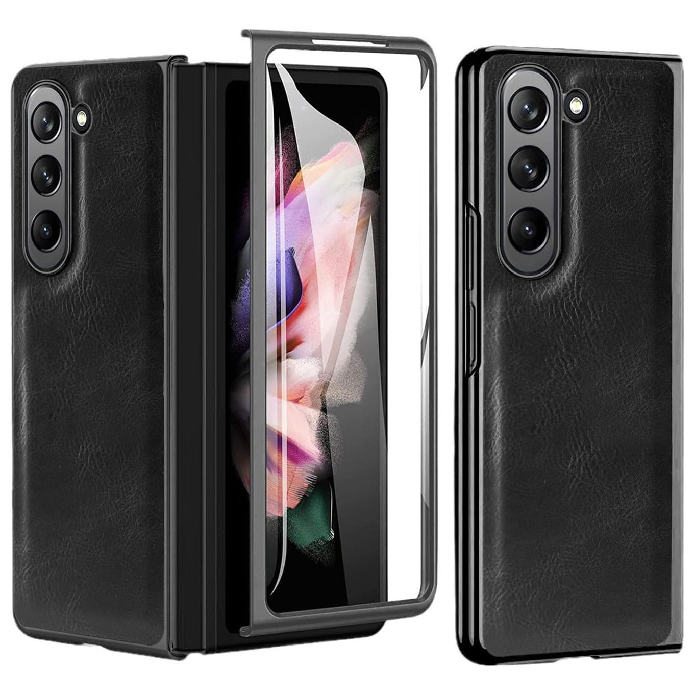 Samsung Galaxy Z Fold 5 Chrome Plated Leather Case With Front Glass - Black