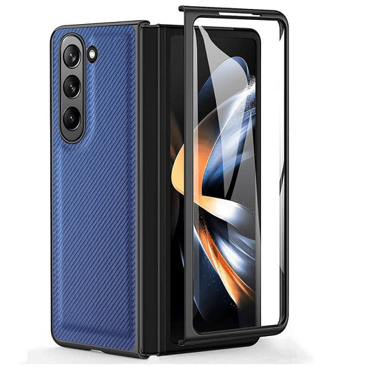 Samsung Galaxy Z Fold 5 Carbon Leather Slim Fit Case With Glass- Blue