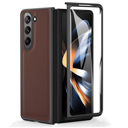 Samsung Galaxy Z Fold 5 Carbon Leather Slim Fit Case With Glass- Brown