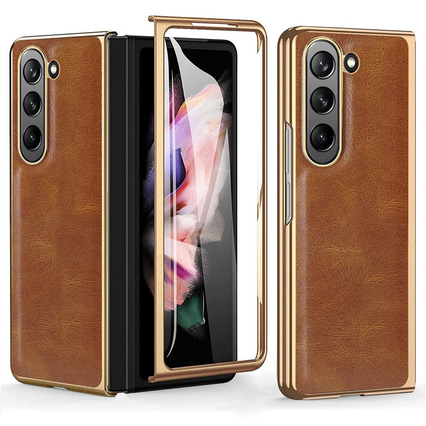 Samsung Galaxy Z Fold 5 Gold Plated Leather Case With Front Glass - Tan Brown