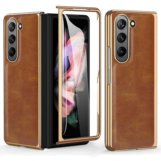 Samsung Galaxy Z Fold 5 Gold Plated Leather Case With Front Glass - Tan Brown