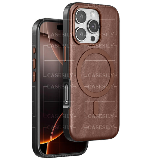 iPhone 16 Pro Classic Business Series Leather Case with Metal Magsafe Ring - Brown