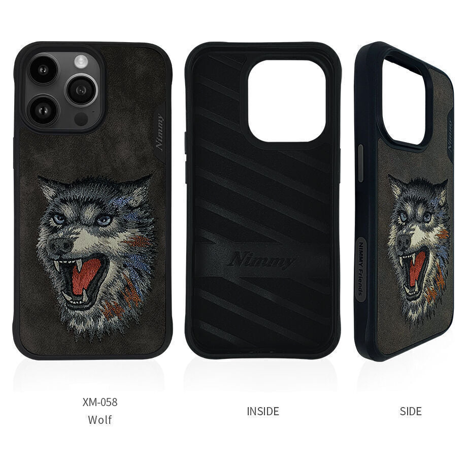 Nimmy Embroidery for iPhone 14 TPU+PU Leather Shockproof Dazzling Series-Wolf