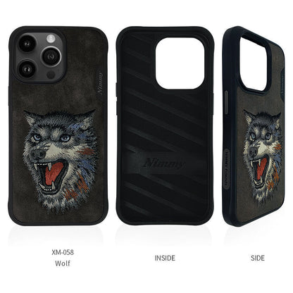 Nimmy Embroidery for iPhone 14 TPU+PU Leather Shockproof Dazzling Series-Wolf