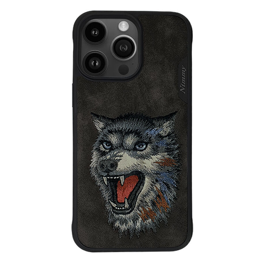 Nimmy Embroidery for iPhone 14 TPU+PU Leather Shockproof Dazzling Series-Wolf