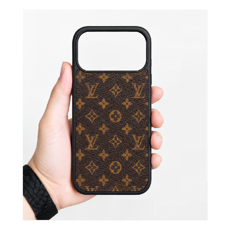 iPhone 17 Pro Max Luxury LV Leather Back Cover Case - Brown