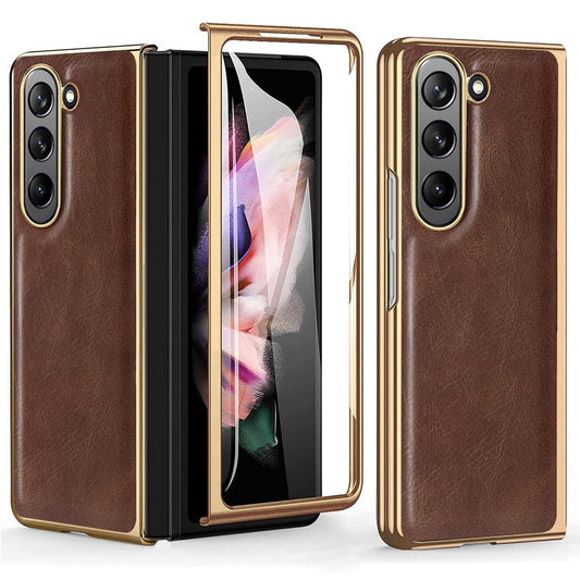 Samsung Galaxy Z Fold 5 Gold Plated Leather Case With Front Glass - Brown