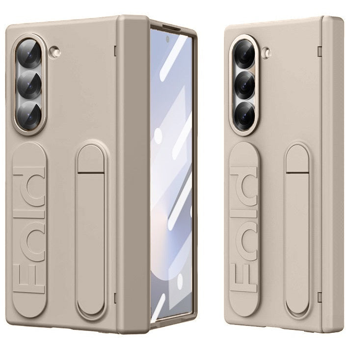 Samsung galaxy Z Fold 6 Matte Skin Feel Band Stand Case with Inbuilt Front Glass & HInge Protection - Sand