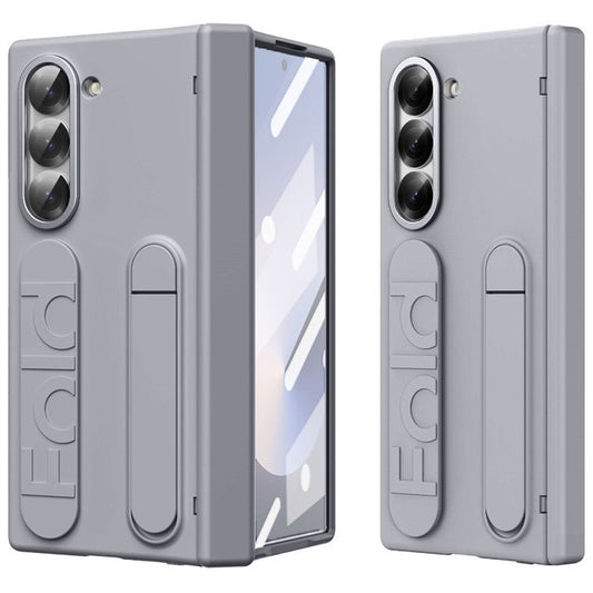 Samsung galaxy Z Fold 6 Matte Skin Feel Band Stand Case with Inbuilt Front Glass & HInge Protection - Gray