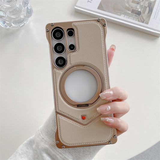 Samsung Galaxy S25 Ultra Leather Metal Bumper Case with Magsafe & Stand - Desert