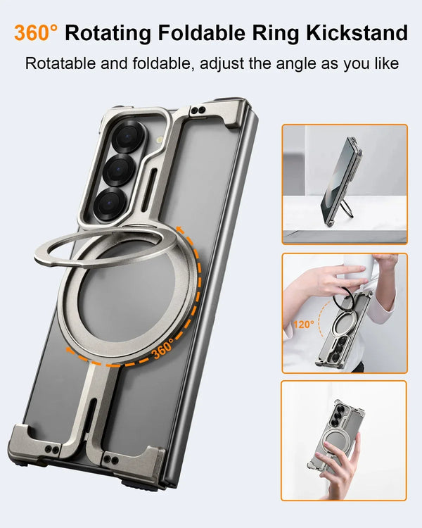 Samsung Galaxy Z Fold 6 Frameless Metal Bumper Case with 360 Magnetic Stand Ring - Black
