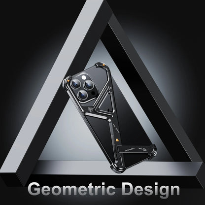 iPhone 16 Pro Luxury Geometric Style Aluminum Frameless Metal Case with Kickstand - Titanium