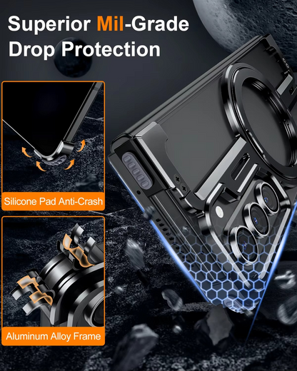 Samsung Galaxy Z Fold 7 Framless T Shape Metal Bumper with Magsafe & 360° Rotation Ring - Black