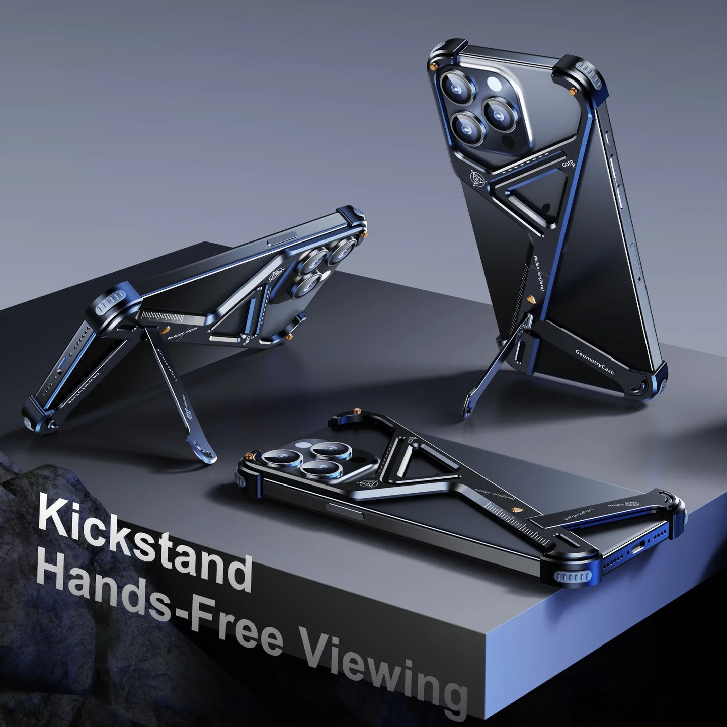 iPhone 16 Pro Luxury Geometric Style Aluminum Frameless Metal Case with Kickstand - Titanium