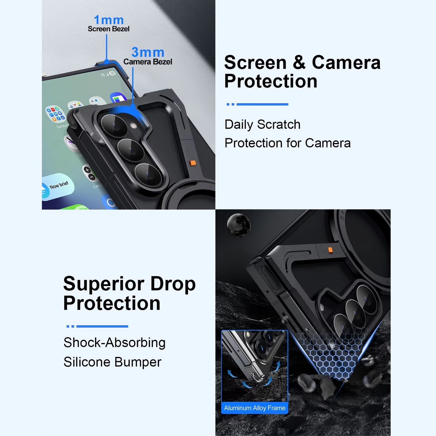 Samsung Galaxy Z Fold7 Framless Z Shape Metal Bumper with Magsafe & 360° Rotation Ring - Blue