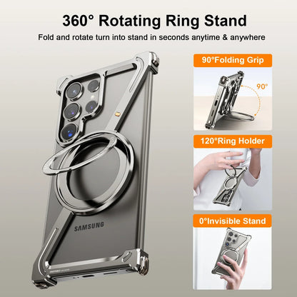 Samsung Galaxy S24 Ultra Z Shape Frameless Metal Bumper Case with Built-in Magsafe & 360° Rotation Ring - Titanium
