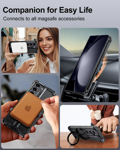 Samsung Galaxy Z Fold 7 Framless T Shape Metal Bumper with Magsafe & 360° Rotation Ring - Black