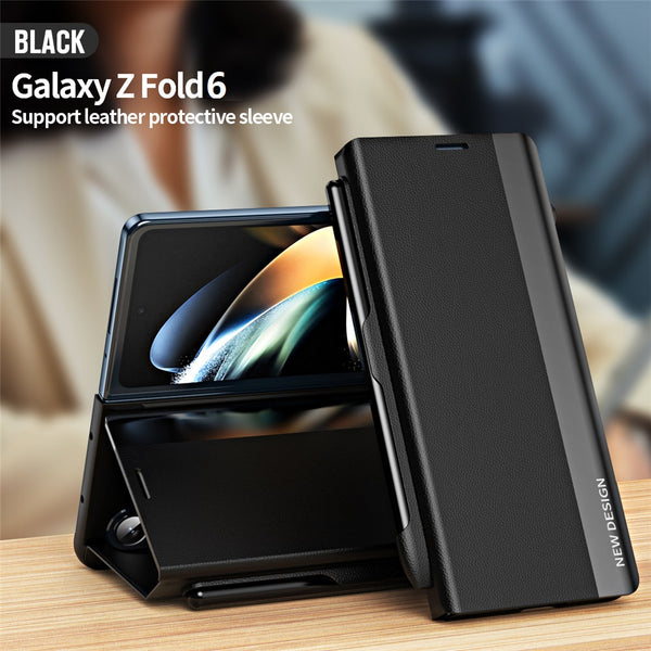 Samsung Galaxy Z Fold 6 Magnetic Shockproof Leather Flip Case With S Pen Holder - Black