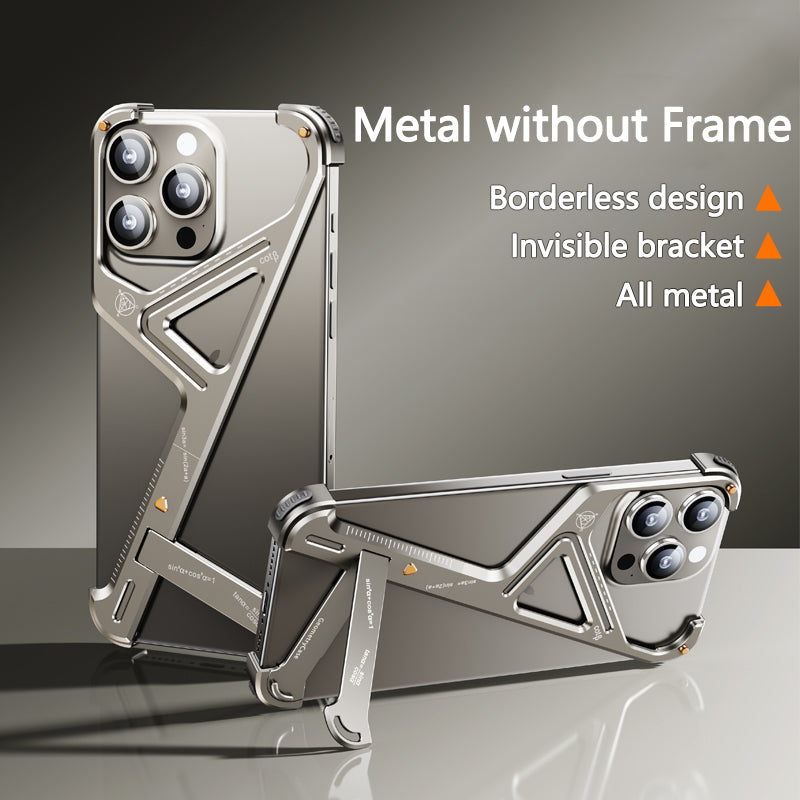 iPhone 16 Pro Luxury Geometric Style Aluminum Frameless Metal Case with Kickstand - Titanium