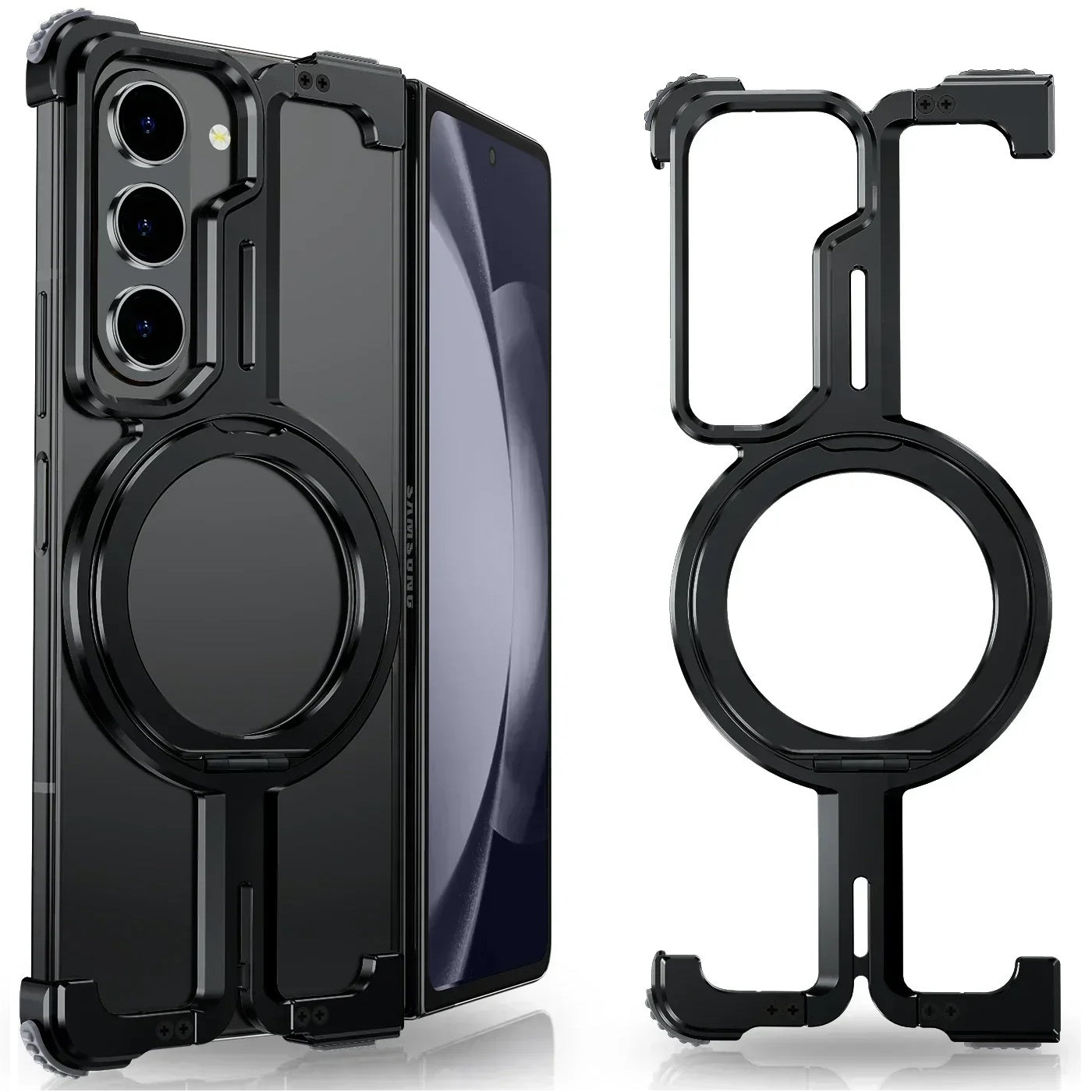 Samsung Galaxy Z Fold 5 Frameless Metal Bumper Case with 360 Magnetic Stand Ring - Black