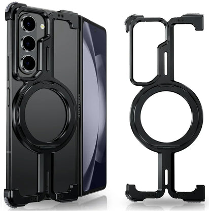 Samsung Galaxy Z Fold 5 Frameless Metal Bumper Case with 360 Magnetic Stand Ring - Black