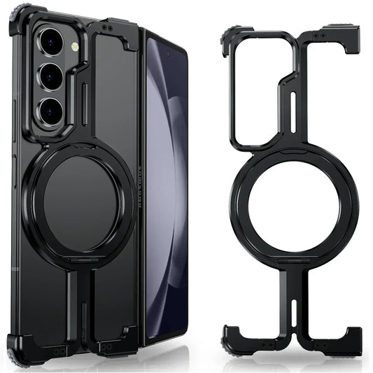 Samsung Galaxy Z Fold 6 Frameless Metal Bumper Case with 360 Magnetic Stand Ring - Black