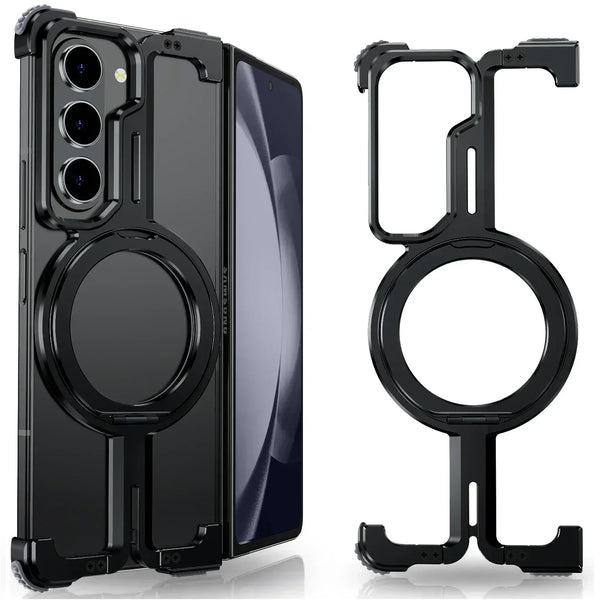 Samsung Galaxy Z Fold 6 Frameless Metal Bumper Case with 360 Magnetic Stand Ring - Black