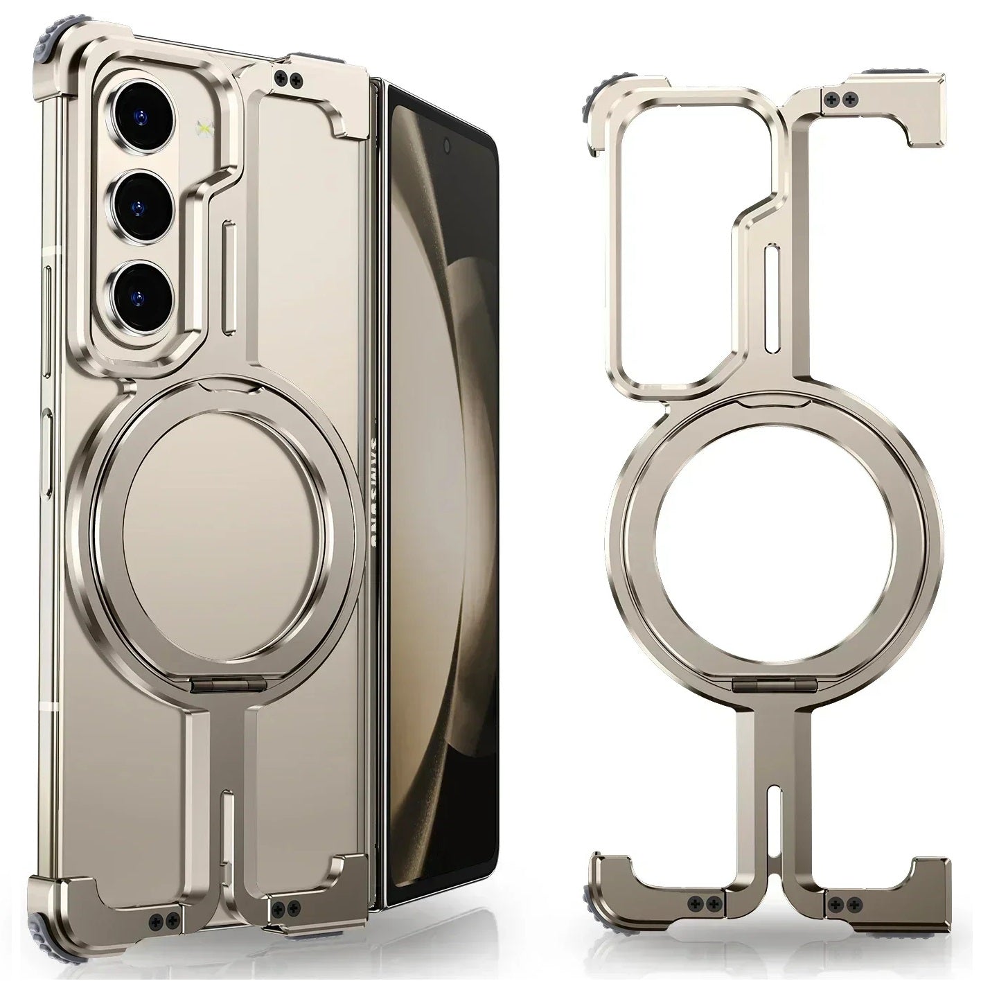 Samsung Galaxy Z Fold 5 Frameless Metal Bumper Case with 360 Magnetic Stand Ring - Titanium