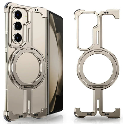 Samsung Galaxy Z Fold 5 Frameless Metal Bumper Case with 360 Magnetic Stand Ring - Titanium