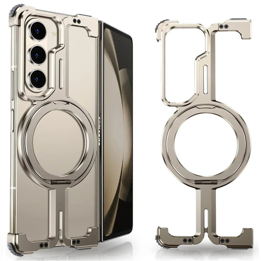 Samsung Galaxy Z Fold 5 Frameless Metal Bumper Case with 360 Magnetic Stand Ring - Titanium