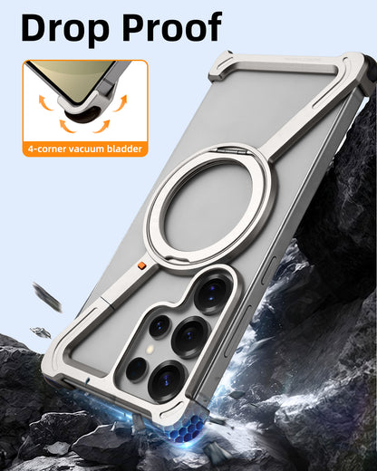 Samsung Galaxy S24 Ultra Z Shape Frameless Metal Bumper Case with Built-in Magsafe & 360° Rotation Ring - Black