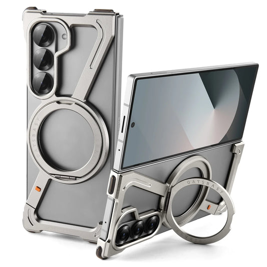 Samsung Galaxy Z Fold5 Frameless Z Shape Metal Bumper Case with 360 Rotating Stand Ring - Titanium