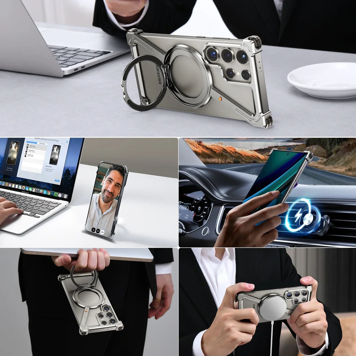 Samsung Galaxy S24 Ultra Z Shape Frameless Metal Bumper Case with Built-in Magsafe & 360° Rotation Ring - Titanium