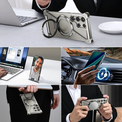 Samsung Galaxy S24 Ultra Z Shape Frameless Metal Bumper Case with Built-in Magsafe & 360° Rotation Ring - Titanium