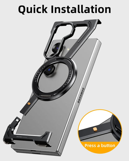 Samsung Galaxy Z Fold5 Frameless Z Shape Metal Bumper Case with 360 Rotating Stand Ring - Titanium