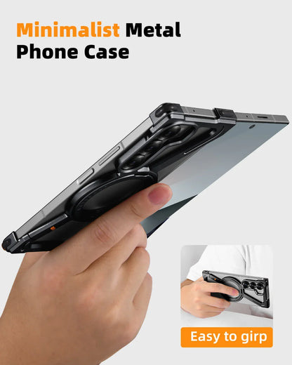 Samsung Galaxy Z Fold5 Frameless Z Shape Metal Bumper Case with 360 Rotating Stand Ring - Titanium