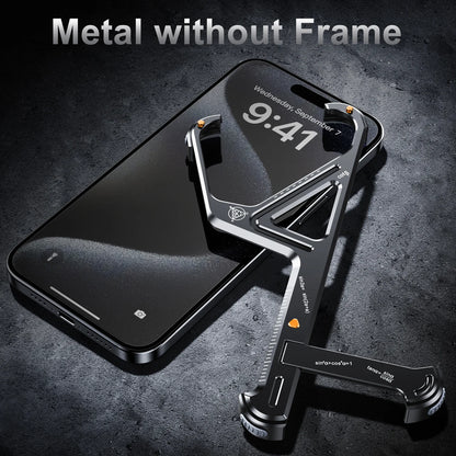 iPhone 16 Pro Luxury Geometric Style Aluminum Frameless Metal Case with Kickstand - Titanium