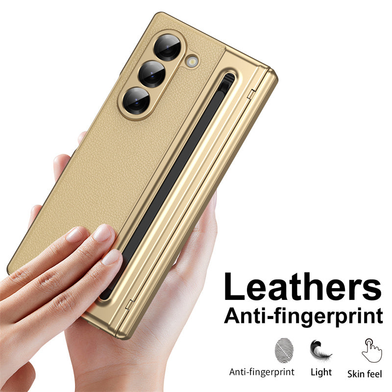 Samsung Galaxy Z Fold 6 Electroplating Leather Case with S Pen & Front Glass Protection - Gold