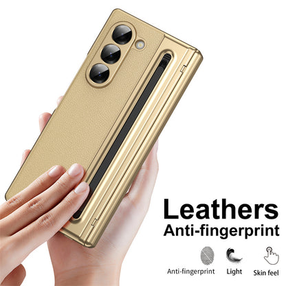 Samsung Galaxy Z Fold 6 Electroplating Leather Case with S Pen & Front Glass Protection - Gold