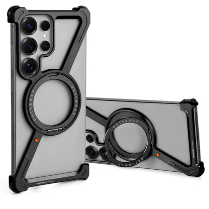 Samsung Galaxy S24 Ultra Z Shape Frameless Metal Bumper Case with Built-in Magsafe & 360° Rotation Ring - Black