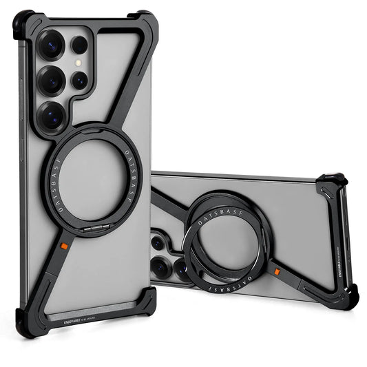Samsung Galaxy S24 Ultra Z Shape Frameless Metal Bumper Case with Built-in Magsafe & 360° Rotation Ring - Black