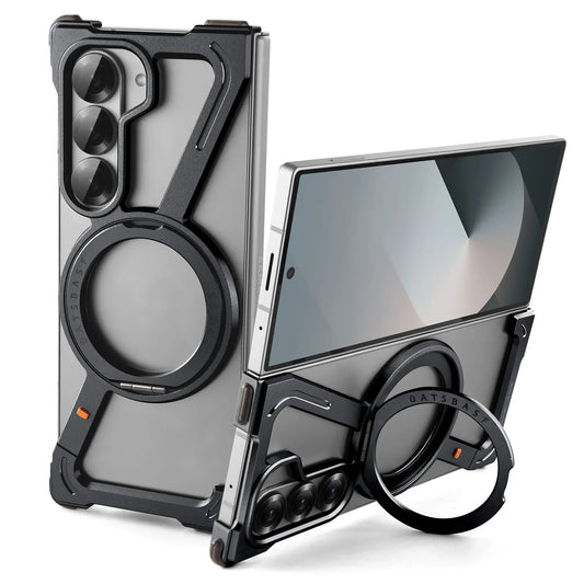 Samsung Galaxy Z Fold5 Frameless Z Shape Metal Bumper Case with 360 Rotating Stand Ring - Black