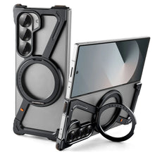 Samsung Galaxy Z Fold5 Frameless Z Shape Metal Bumper Case with 360 Rotating Stand Ring - Black